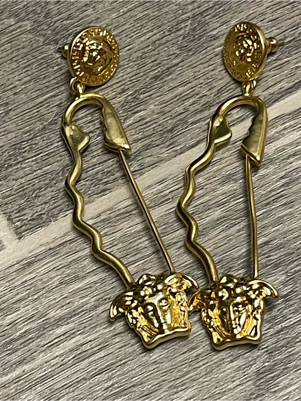 Versace Gold Medusa Safety Pin Drop Earrings